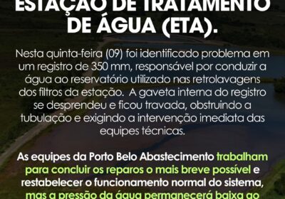 Manutenção emergencial causa baixa pressão na rede de água em Porto Belo