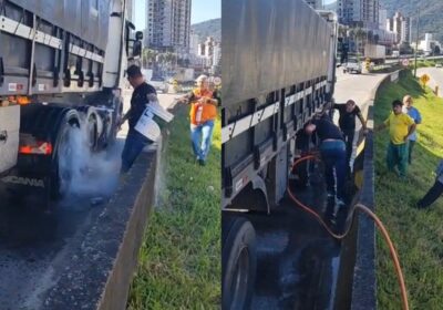 Carreta pega fogo na BR-101 em Itapema e é salva por ação rápida de motoristas e Defesa Civil