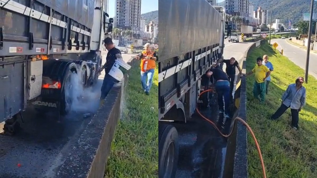 Carreta pega fogo na BR-101 em Itapema e é salva por ação rápida de motoristas e Defesa Civil